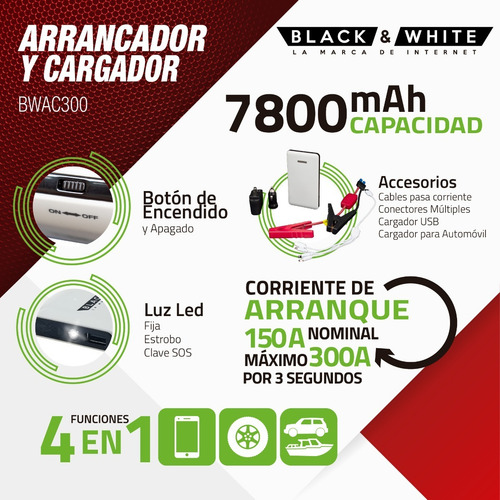 Imagen 6 de 10 de Arrancador Portatil Auxiliar Para Auto 150a 7800mah B&w