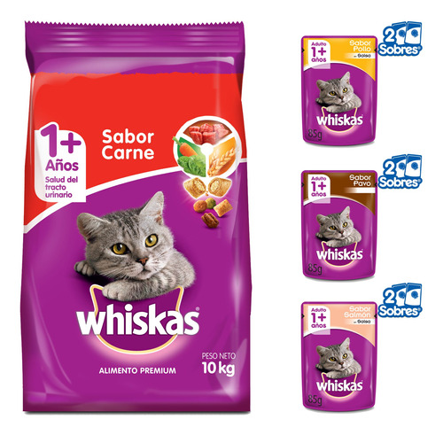 Imagen 1 de 10 de Whiskas Combo Gato Adulto Alimento Carne 10kg + Sobres 6u