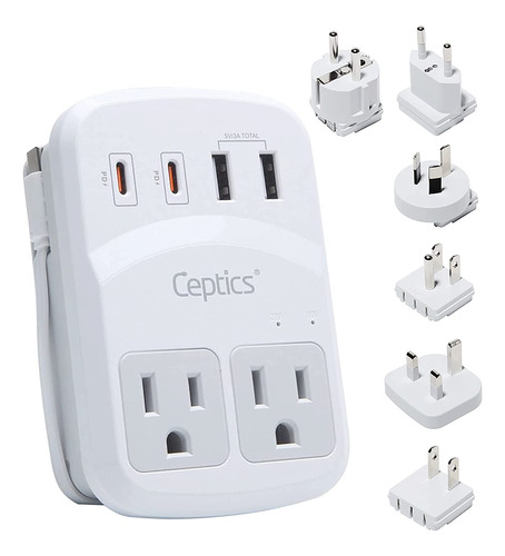 Ceptics Kit De Adaptador De Viaje Mundial 2 Usb-a, Usb-c De