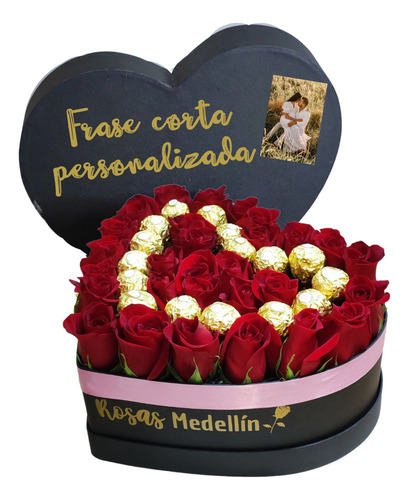 Corazón Con Rosas Y Chocolates Ferrero Rocher - Mediano