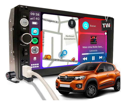 Kit Multimídia Rádio Android Auto Carplay Via Cabo Música Bt Cor Renault Kwid 2017 Á 2022