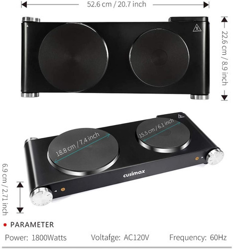 Cusimax - Estufa Eléctrica Portátil, 1800 W, Doble Quemador Color Negro