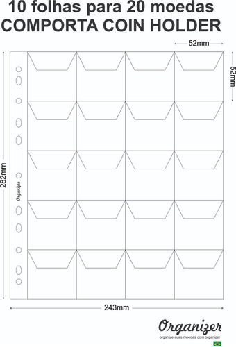 Folha P/ Moedas 20divis. Transp 53x53mm 10 Unid 6x S/juros 