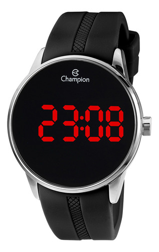 Relógio Champion Masculino Prateado Digital Led Ch40188t Correia Preto Fundo Preto