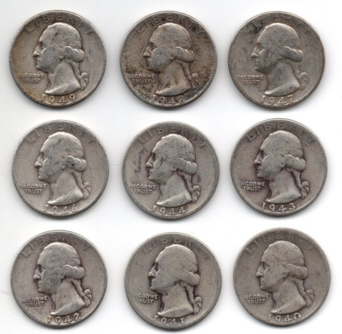9 Monedas Plata Quarter 1940 1949 Washington Vf Ley .90 Rah