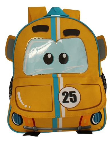 Mochila Escolar Creche Pequena Pré Escola Maternal Carros Cor Amarelo Desenho do tecido Carro