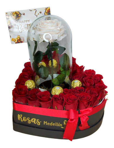 Corazón Con Rosa Preservada Premium Y Chocolates - Mediano