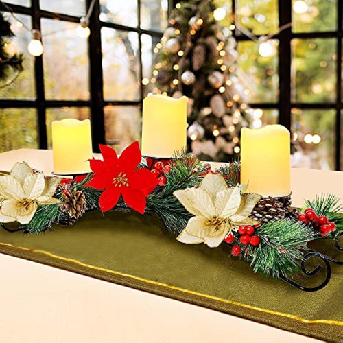 Centro De Mesa Hausse Christmas Poinsettia Con 3 Velas Led S