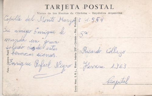 Antigua Postal De Argentina - Capilla Del Monte - Año 1954 (Usado)