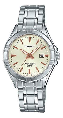 Reloj de pulsera Casio Reloj LTP-1308D-9AVDF, analógico, para mujer, fondo blanco, con correa de acero inoxidable color plateado, bisel color plateado y desplegable