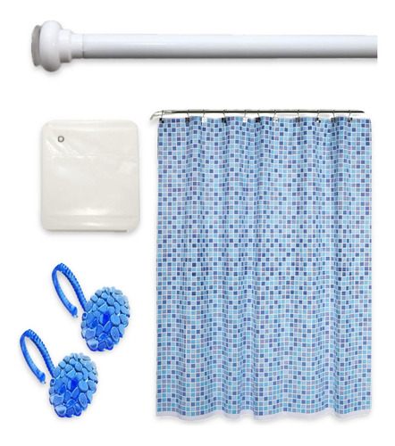 Combo Completo Cortina De Baño + Barral Extensible + Ganchos