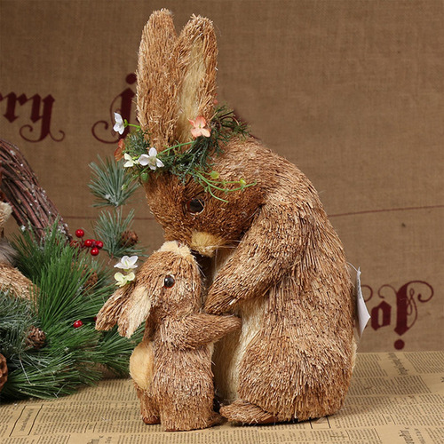 Encantadora Paja Conejo De Pascua Estatuilla Arte 24x15x33cm