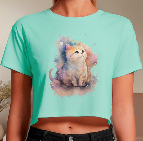 Playera Crop Top Mujer Ombliguera Sport Gatito Acuarela