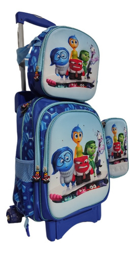 Mochila Lonchera Y Lapicera. Combo De Intensamente Con Llantas, Ruedas O Carrito Azul Claro Liso