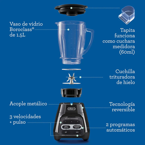 Licuadora Oster Tecnología Reversible Vaso De Vidrio 1.5lt