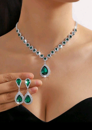 Set Collar + Aretes Joyeria Elegante Boda Fiesta Verde Mod 2