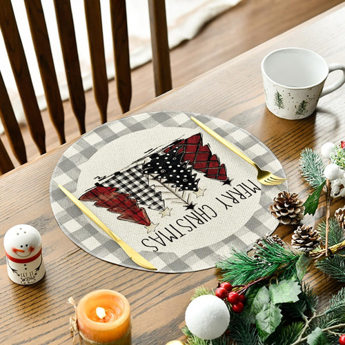 4 Mantel Individual Redondo Arbol Navidad Cuadros Grises Gris Blanco Rojo Negro Árboles De Navidad A Cuadros Grises De Acuarela