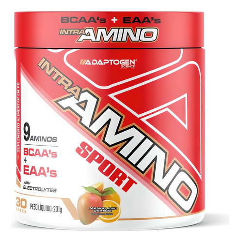 Suplemento en polvo con sabor a mango Intra Amino Sport de Adaptogen Science con sabor a mango, en tarro de 196 ml