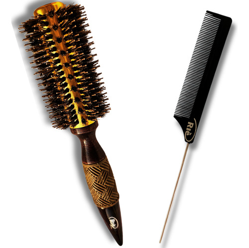 Kit 2- 1 Escova Profissional Javali Pro + 1 Pente Rie Cor Dourada