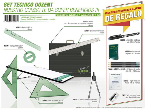 Kit Dozent Plantec Tablero Dibujo 40x50 Atril Maletin Regalo