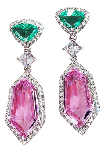 Aretes Zirconia Rosa Con Verde Piedras Cristal Elegantes 
