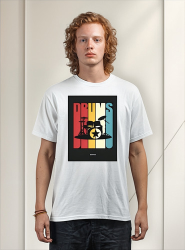 Polera Blanca Hombre Cx Regalo Drums Bateria Instrumento Art