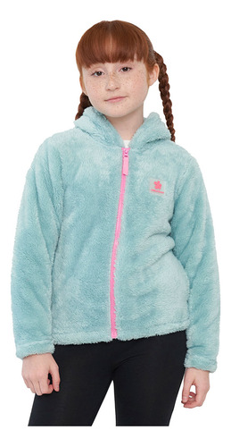 Polerón Niña Kids Peludo Zipper Turquesa Corona