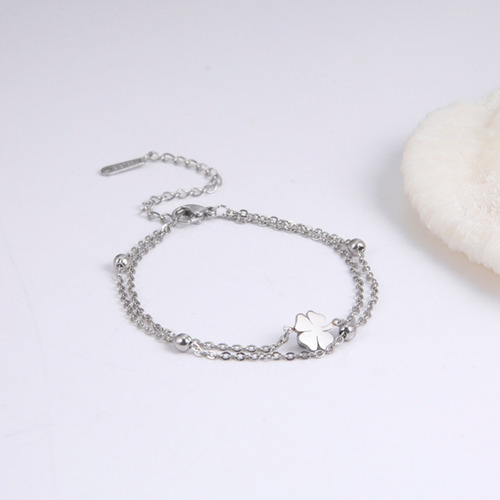 Imagen 7 de 10 de Pulsera Tobillera Plata Mujer Unisex Trebol Acero Doble Cade
