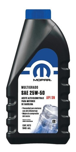 Imagen 1 de 3 de Aceite Motor Mopar Alto Kilometraje Multigrado 25w-50 946ml