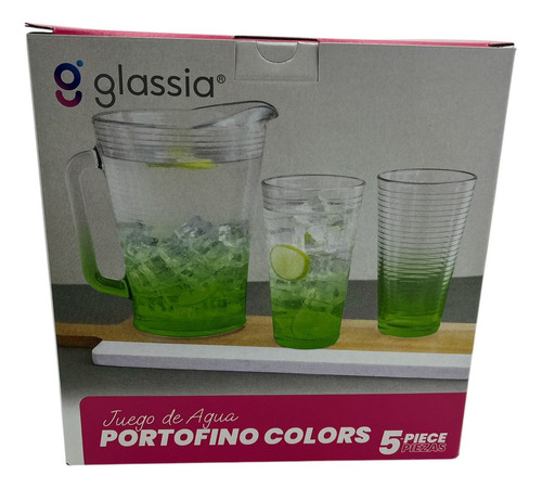 Juego De Agua Portofino Verde, 1 Jarra 1.7lt + 4 Vasos 490ml