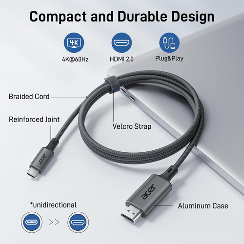 Cable Usb-c A Hdmi 4k 60hz Para Tv, Monitor O Proyector Negro