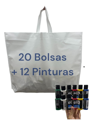 Kit 20 Totebags Friselina Ecológica + 12 Pinturas Acrílicas Blanco
