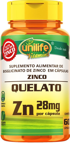 Zinco Quelato Zn Unilife Vitamins 60 Cápsulas De 500mg