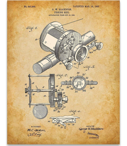 Patente De Carrete De Pesca De 1905 Decoración De Pare...