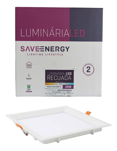 2 Luminaria Led Painel Recuado 25w Save Energy Embutir 4000k Cor Branco 110V/220V