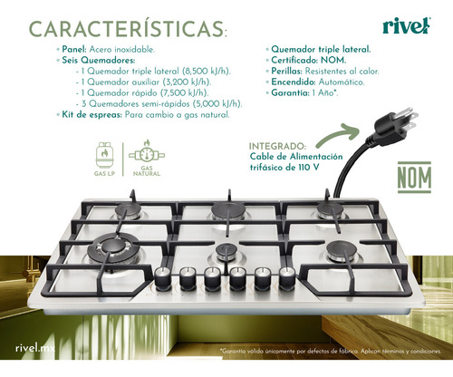 Parrilla A Gas Empotrable Rivel 6riv-bix90 Inoxidable Color Acero Inoxidable