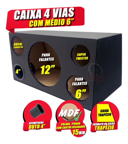 Caixa 4 Vias Vazia 12'' Driver Tweeter Médio 6 Trapézio 55l