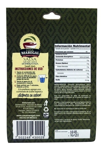 Imagen 2 de 3 de Salsa Deshidratada Mexicana Tomate Verde 35g Casa Maregal
