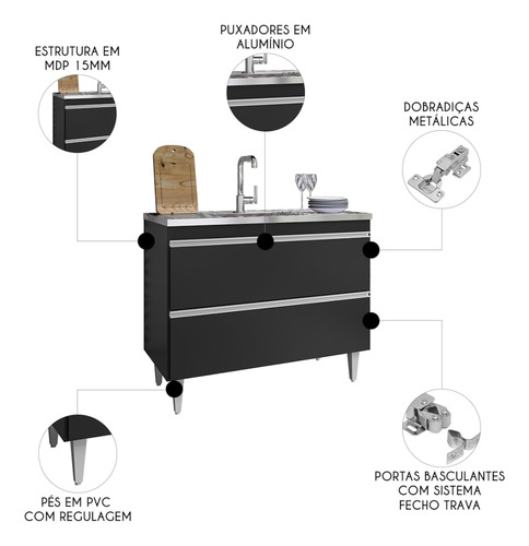 Balcão De Cozinha Com Pia Inox 100cm Julia Preto - Mpozenato