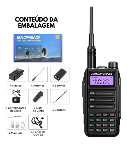 Kit 4 Radio Comunicador Uv16 Baofeng Dualband A Prova Dágua