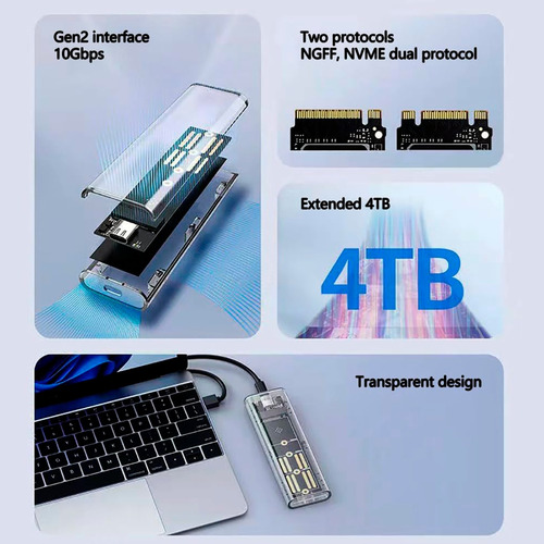 Cofre Ssd M.2 Usb C A Usb 3.1 Case Pcie Nvme 10gbp Acrílico