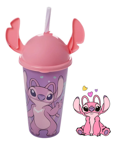 Copo Stitch Com Tampa E Canudo 500ml Bpa Free Cor Rosa