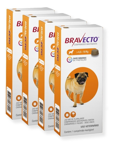 Bravecto Combo 4 Unid 250 Mg Comprimido Cães 4,5 A 10 Kg