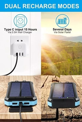 Imagen 5 de 5 de Power Bank Solar 20.000mah Cargador Portatil Con Linterna