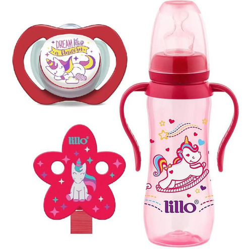 Kit Mamadeira 240ml + Prendedor E Chupeta Unicórnio Lillo