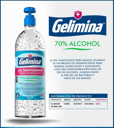 Imagen 2 de 2 de Gel Antibacterial Para Manos 500 Mililitros Gelimina