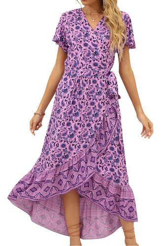 Vestido M Mujer Bohemio Escote En V Manga Corta Estampado 74