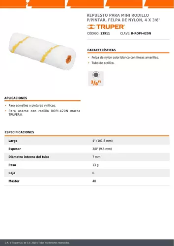 Felpa para mini rodillo de poliéster 4 x 3/8 Truper