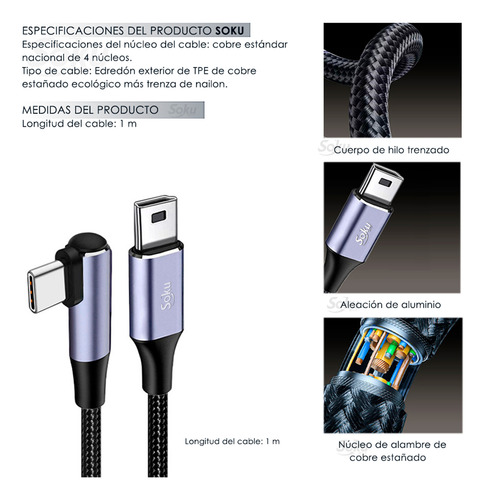 Soku Cable Tipo C A Mini Usb Datos Carga Rapida Disco Camara