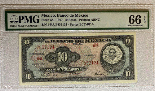 10 Pesos Tehuana 1967 Familia Aa Certificado Unc  Pmg 66